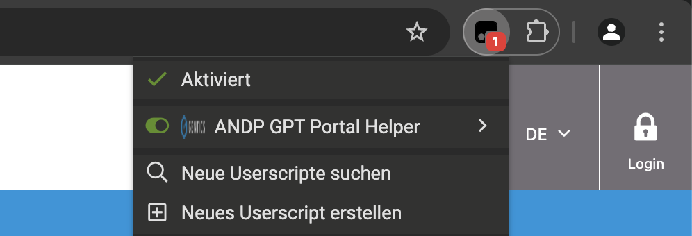 GPT-Helper-Erweiterung auf der Menüleiste im Webbrowser Google Chrome